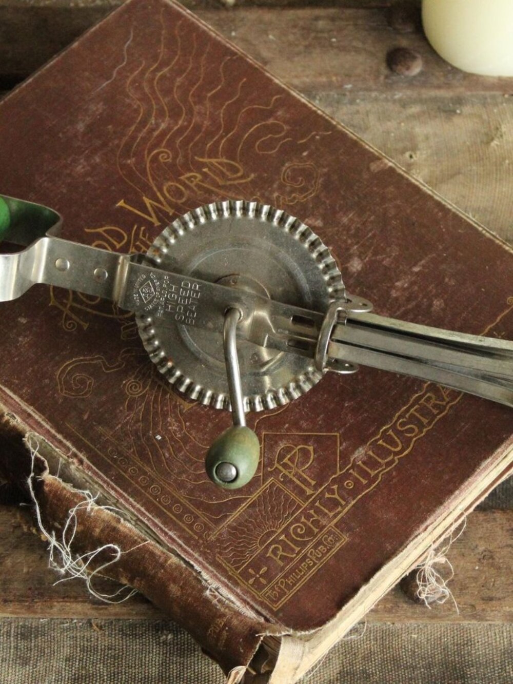 Vintage 1930s Hand Mixer, A&J Manual High Speed Egg Beater with Green Wood Handl